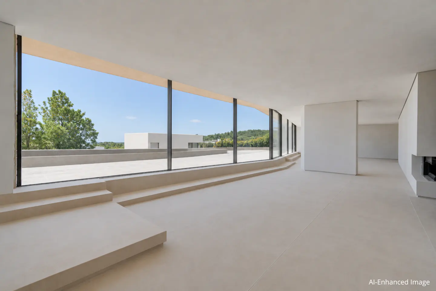 Minimalist white room with a large window showing a terrace, trees, and blue sky.
