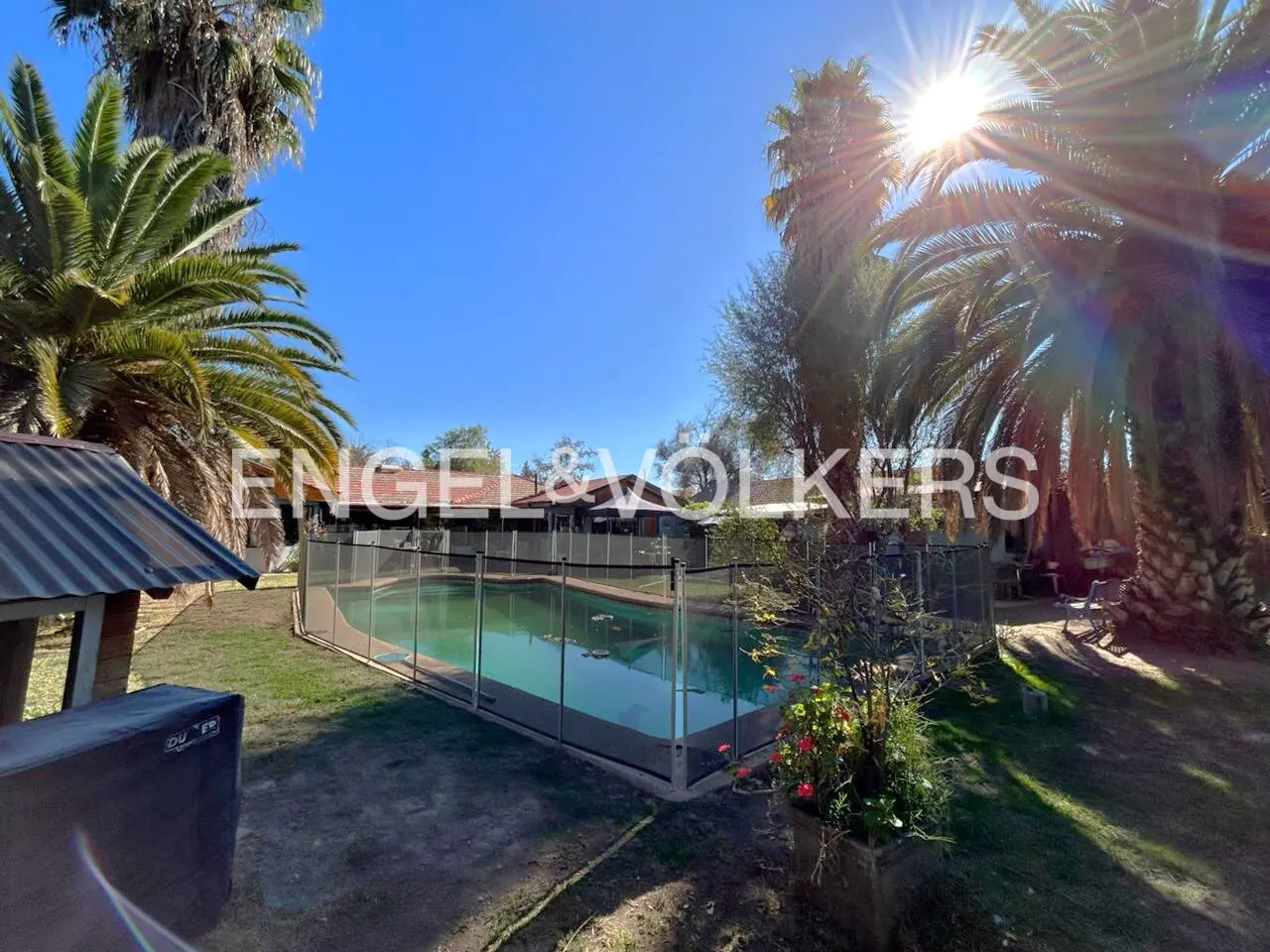 Outdoor pool with a black fence, surrounded by palm trees and green grass under a bright blue sky. Engel & Volkers logo is superimposed.