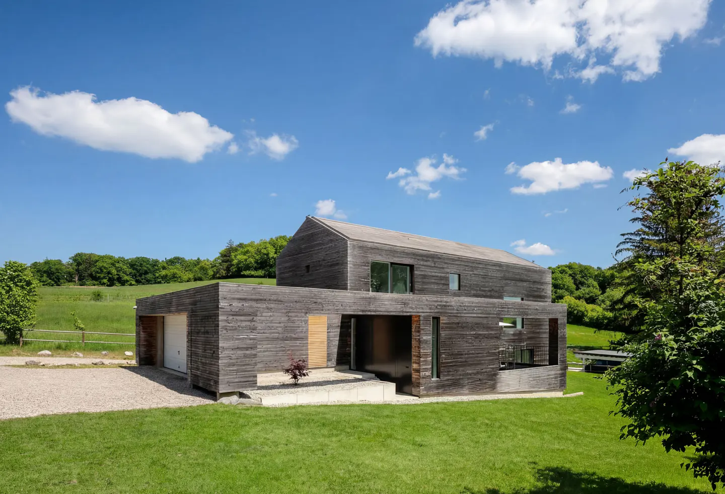 Modern two-story house with gray wood siding, green lawn, and blue sky with white clouds.