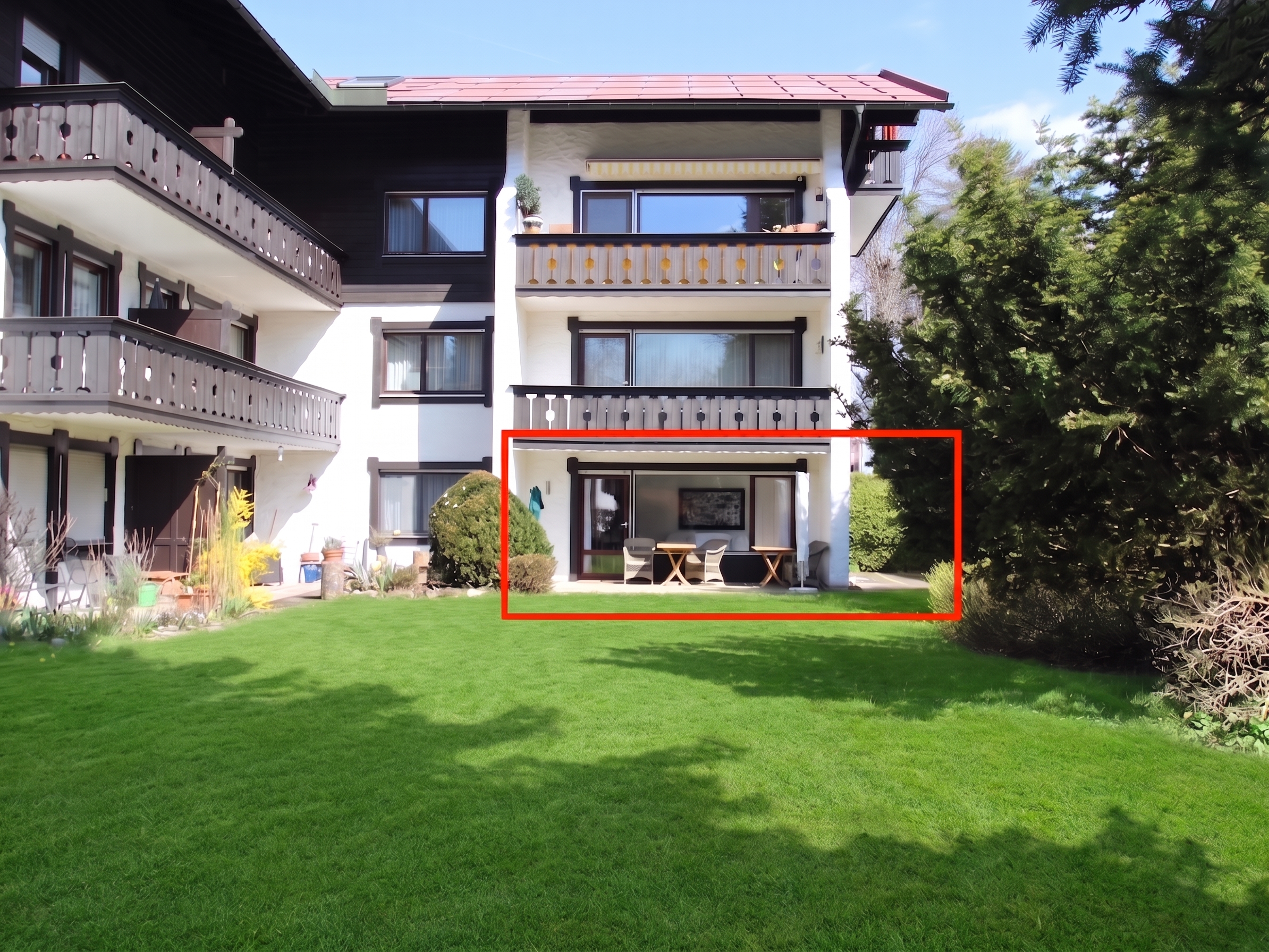 Alpiner Wohnkomfort mit Wellnessfaktor – VERMIETETE 2-Zimmer-Wohnung mit zwei Terrassen, Sauna und Tiefgaragenstellplatz in Oberstdorf [AI-modified]