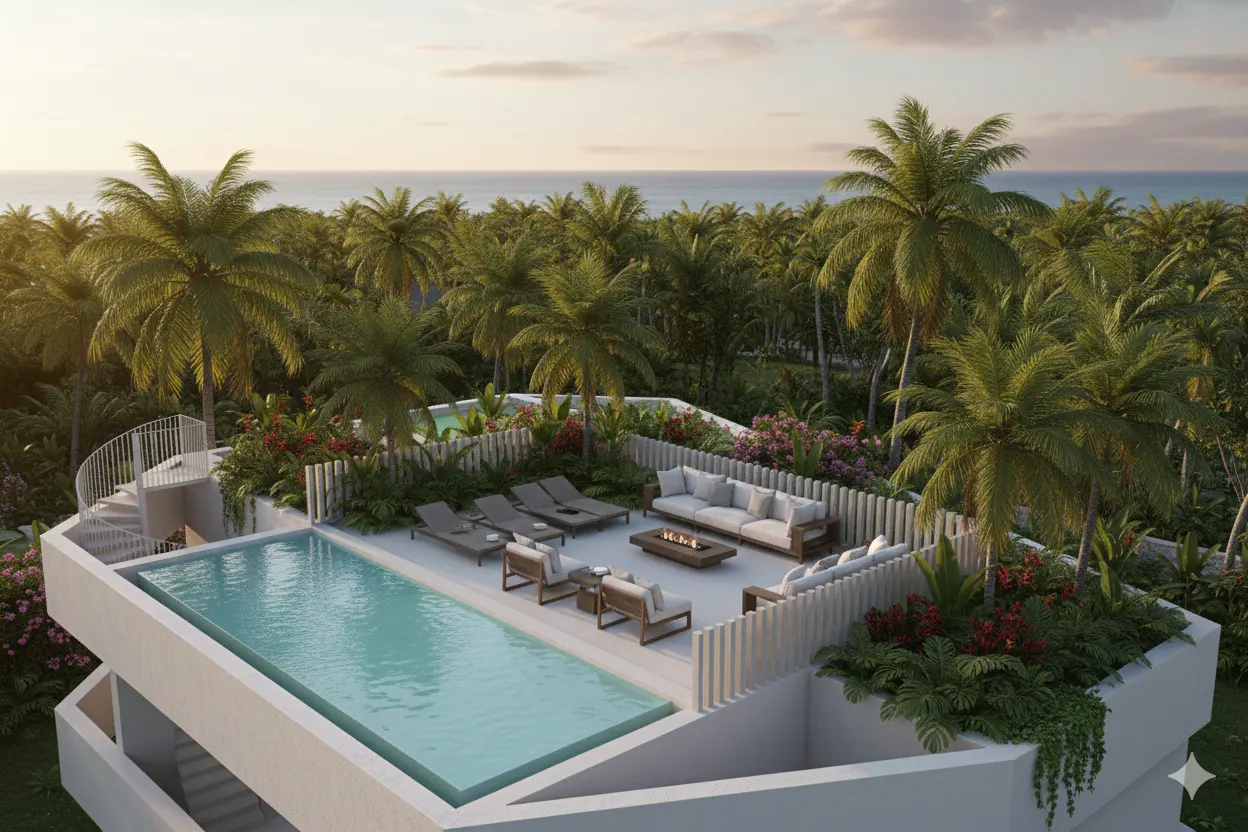 Rooftop view of a modern white building with a pool, lounge chairs, and seating area, surrounded by lush tropical greenery and the ocean.