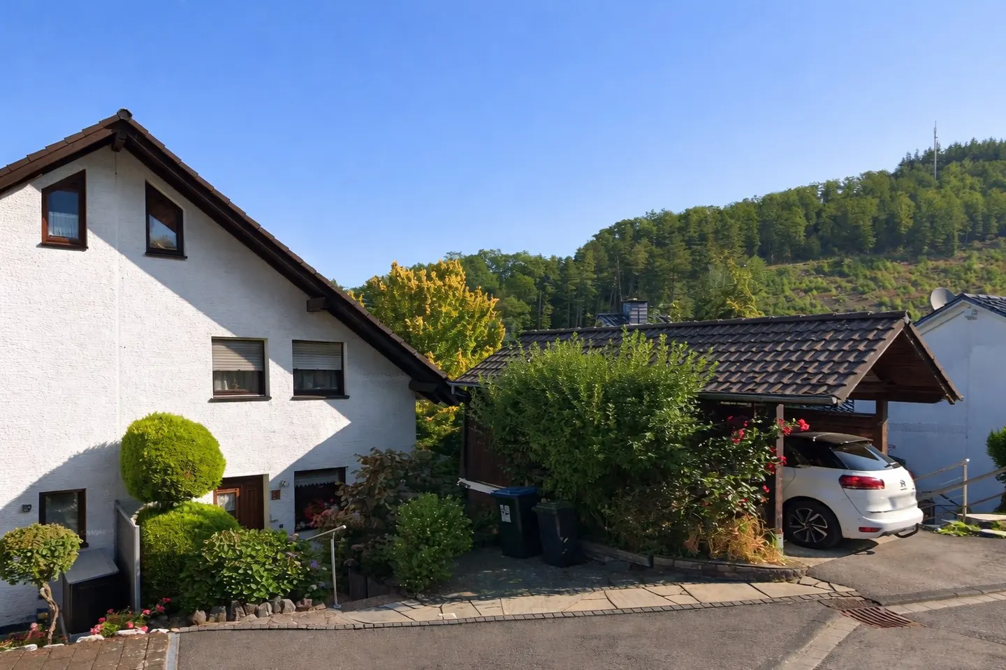 A white house with a brown roof, a car under a carport, and a green hill in the background.