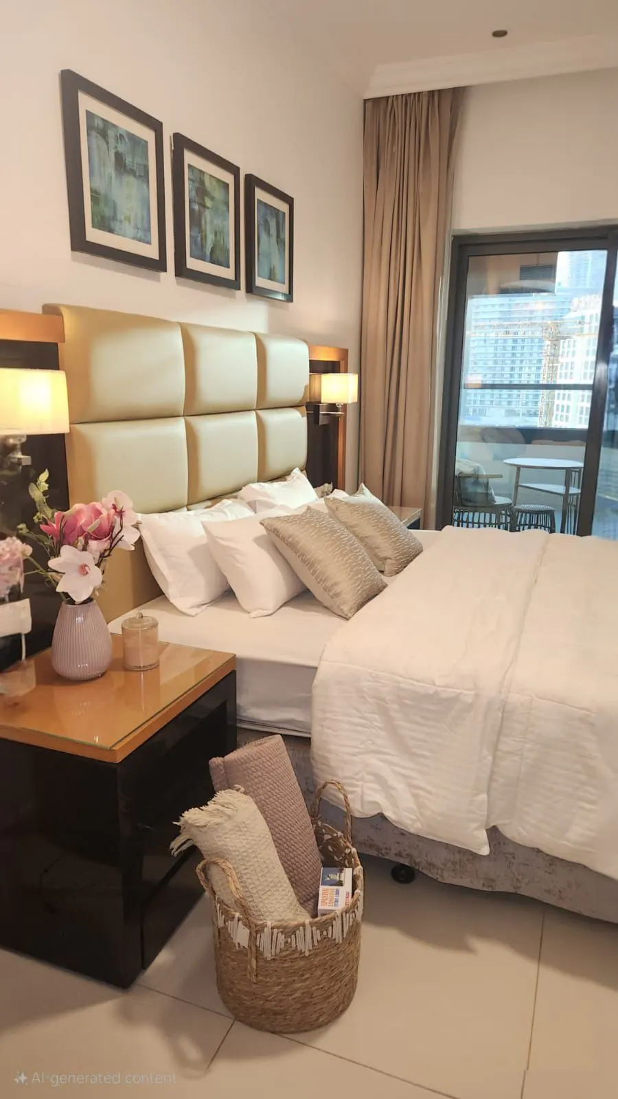 Bedroom with a king-size bed, white linens, and a tan headboard. Three framed pictures hang above the bed. A nightstand with flowers sits beside the bed.