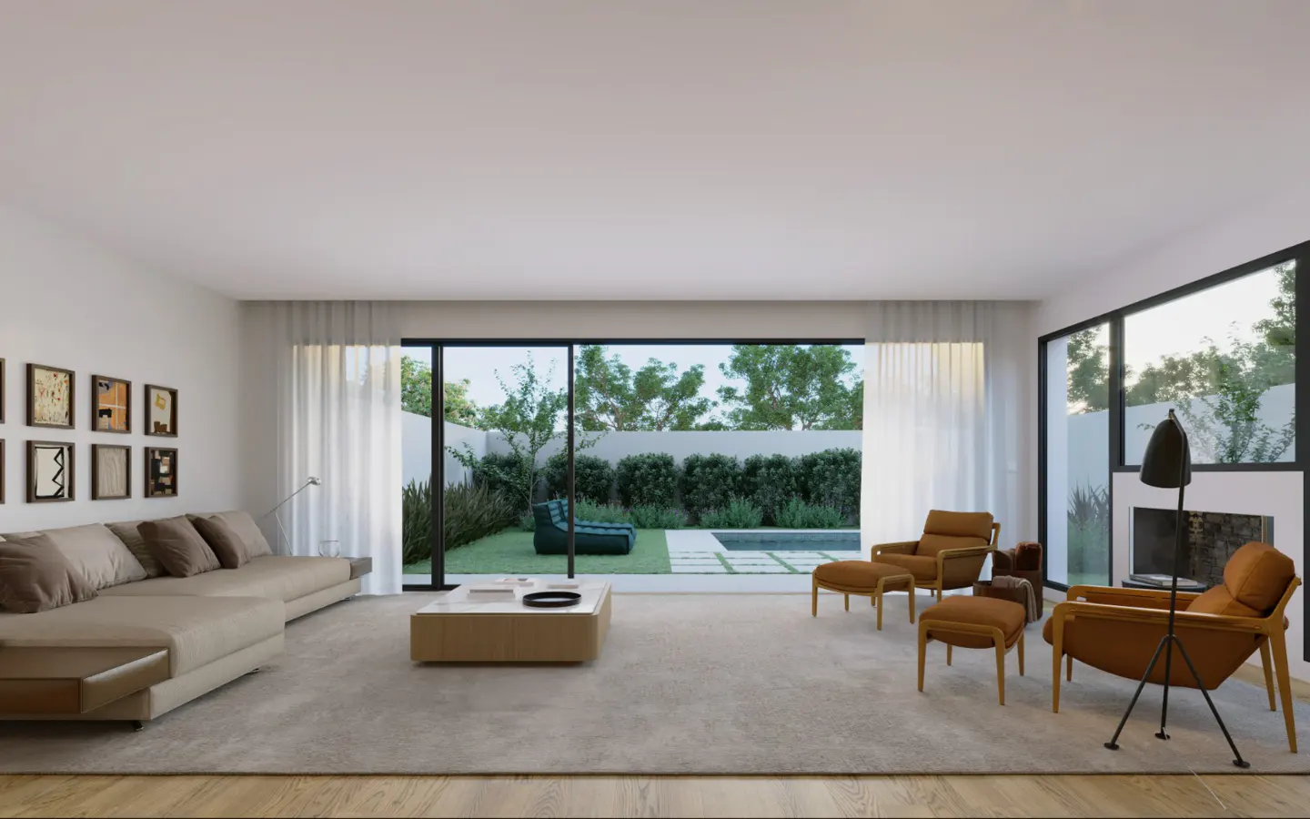 Bright living room with a beige sofa, brown chairs, and a view of a green backyard with a pool.