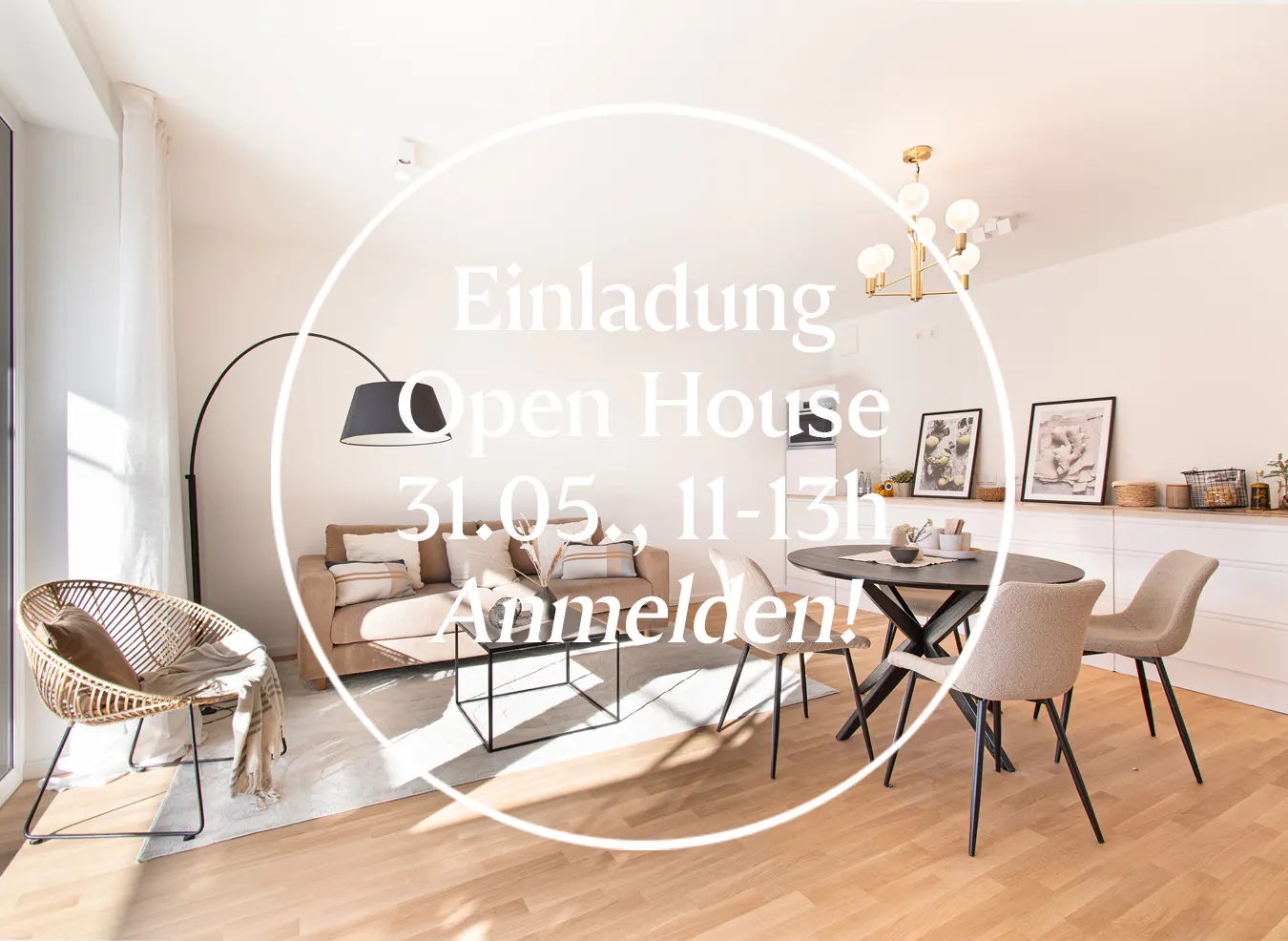 Bright living room with a brown sofa, round table, and wicker chair. Text overlay advertises an open house.