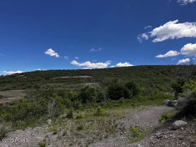 Scenic view of a green hillside under a blue sky with scattered white clouds. A dirt path leads into the landscape.