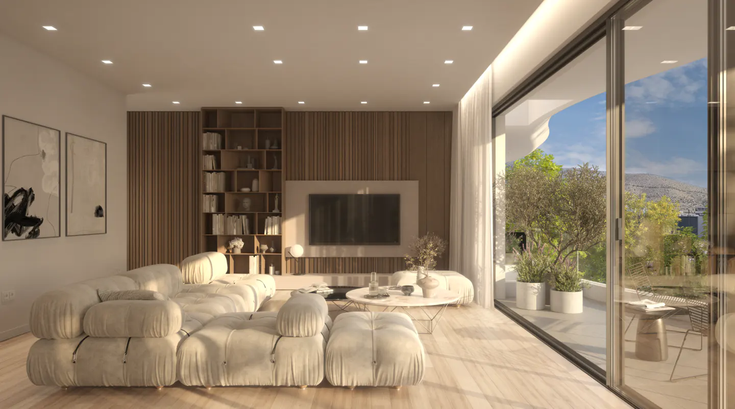 Modern living room with a cream modular sofa, wood-paneled wall, built-in shelving, and large glass doors to a balcony.