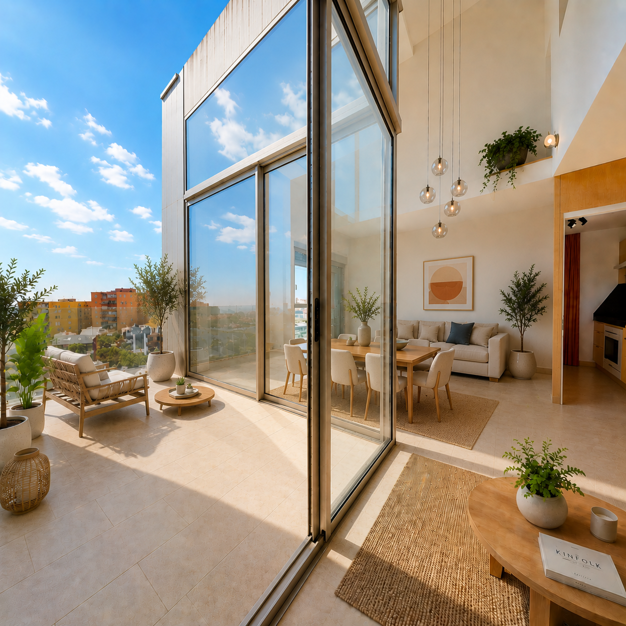 Modern apartment with floor-to-ceiling glass walls, indoor-outdoor dining area, neutral decor, and city views.