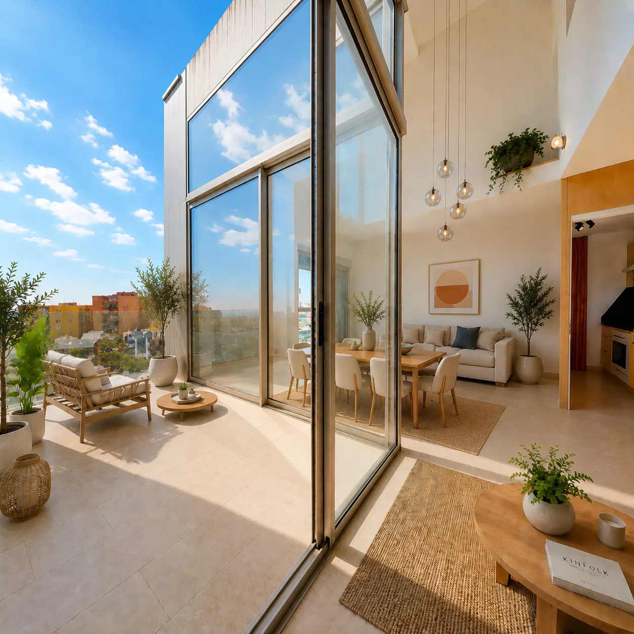 Modern apartment with floor-to-ceiling glass walls, indoor-outdoor dining area, neutral decor, and city views.