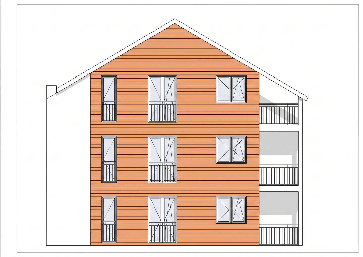 Architectural elevation drawing of a three-story building with orange horizontal siding, balconies, and multiple windows.