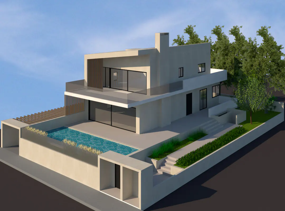 Modern two-story house with a pool. The house is light gray with large glass windows and a flat roof. A blue pool is next to the house.