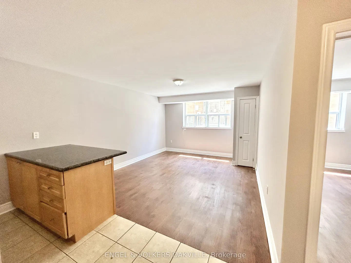 Bright, open-concept living area with wood-look flooring, a kitchen island with dark countertop, and a white interior door.