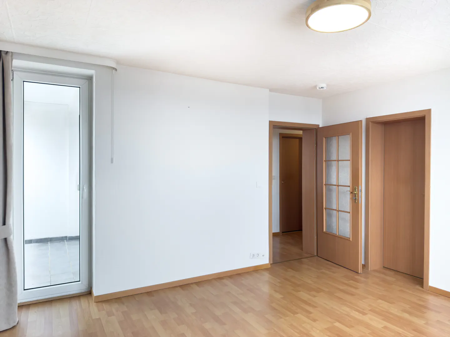 Empty room with wood floors, white walls, and three doors. One door is glass paneled, and a light fixture is on the ceiling.
