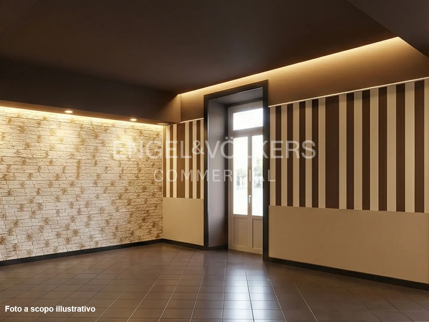 Empty room with brown tile floor, stone wall, and striped wallpaper. A white door is visible in the background.