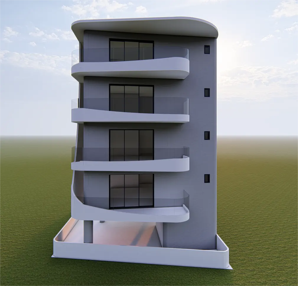 Modern four-story gray building with curved white balconies and black-framed windows, set against a green lawn and cloudy sky.