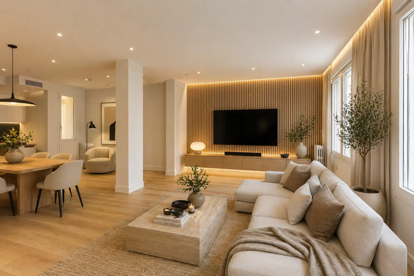 Bright, open-concept living and dining area with light wood floors, a white sectional sofa, and a large flat-screen TV mounted on a wood-paneled wall.