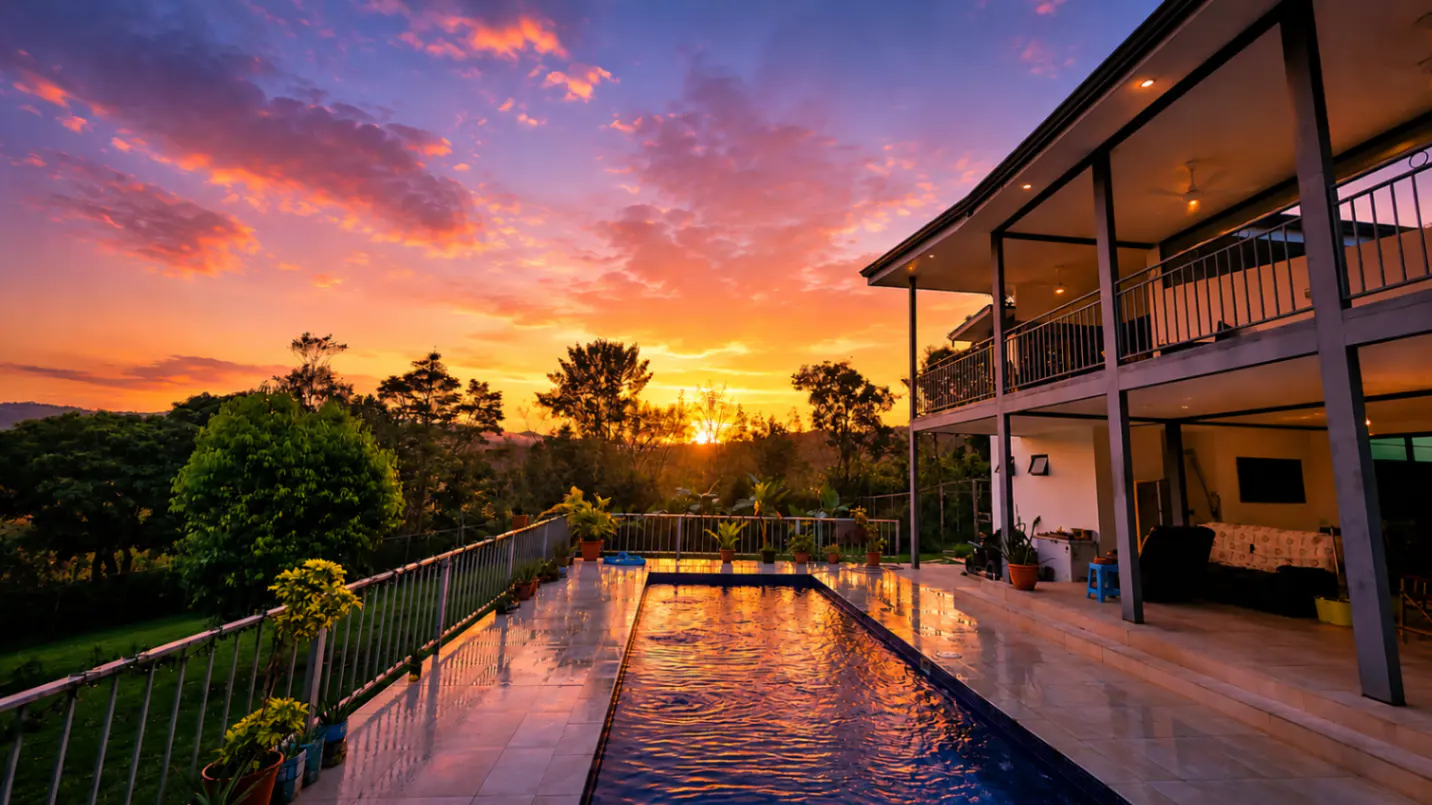 Two-story house with a pool at sunset. The sky is orange and pink. Trees are in the background.