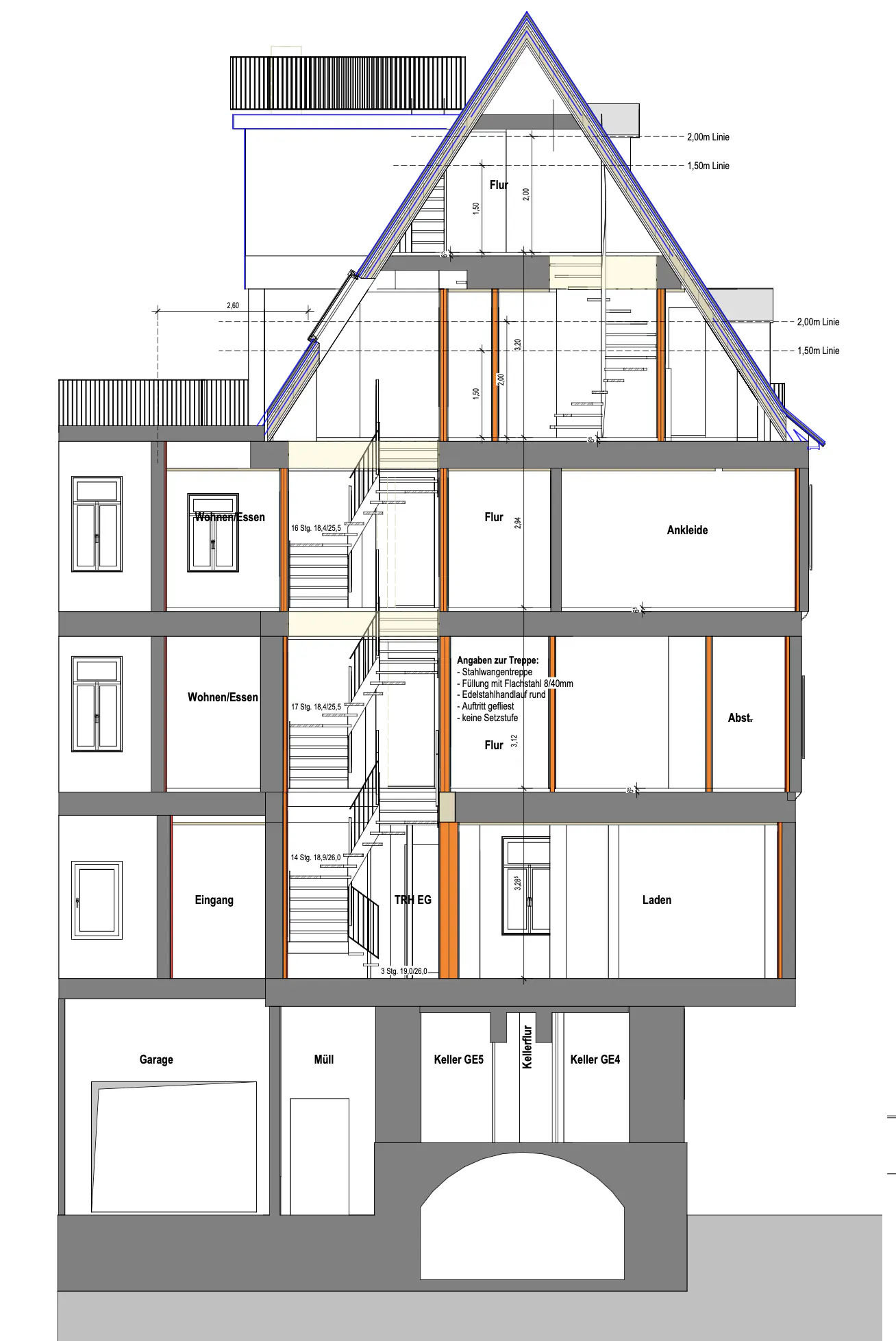 Architectural drawing of a building's cross-section, showing multiple floors, rooms labeled in German, and a central staircase. The building has a garage and a pitched roof.