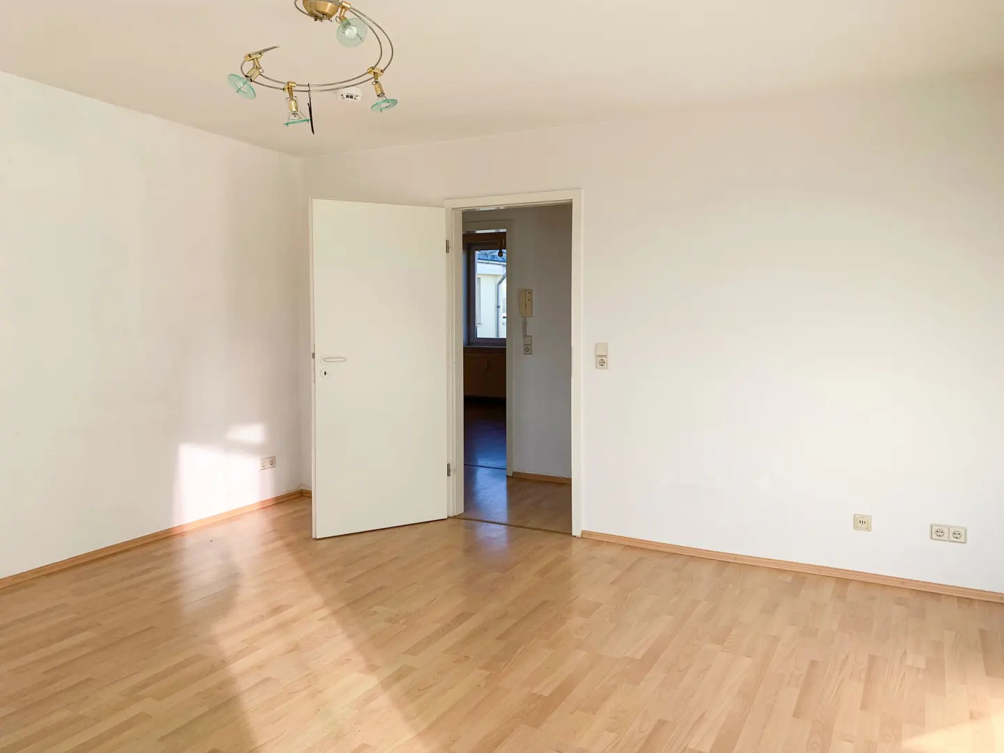 Empty room with white walls, light wood flooring, a modern ceiling light, and an open door leading to a hallway.