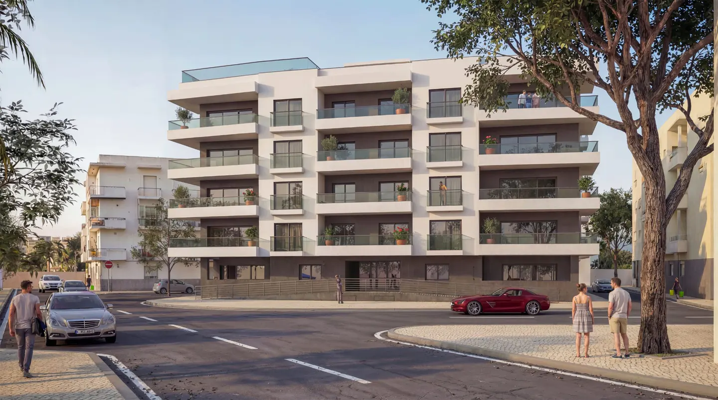 Modern white and grey apartment building with balconies, street-level parking, and people walking on a sunny city street.
