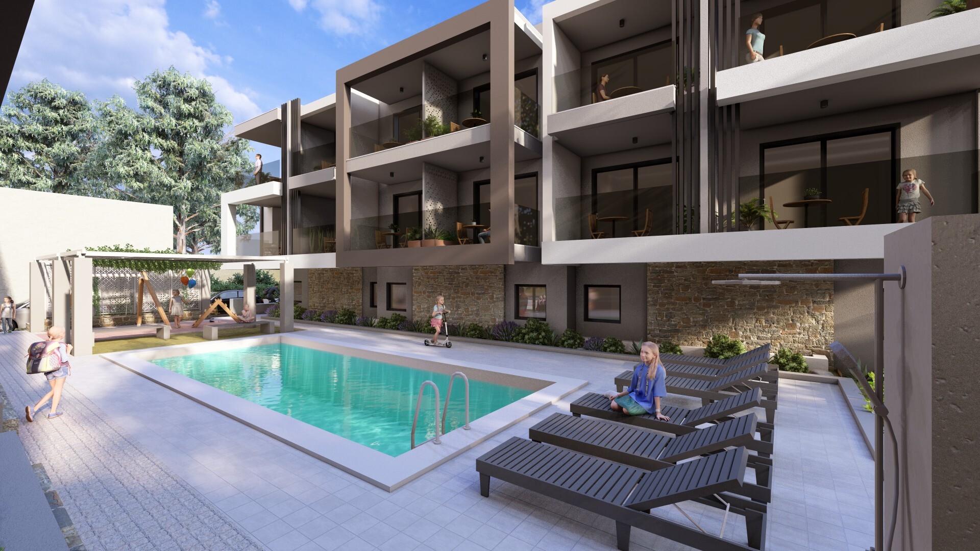 Modern apartment complex with a swimming pool, lounge chairs, stone accents, and people enjoying the outdoor space. [AI-generated text]