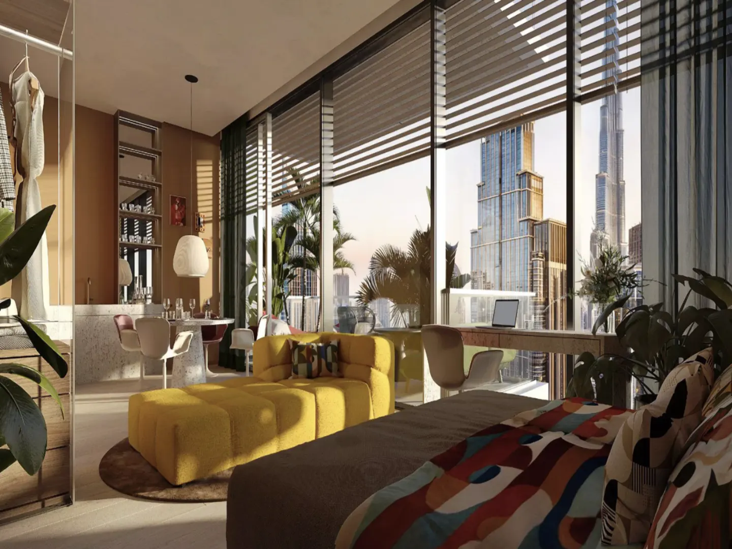 Modern apartment interior with a yellow chaise lounge, desk, and bed. Large windows offer a city view.