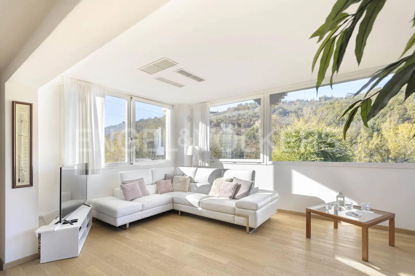 Bright living room with white sectional sofa, wood floors, and large windows overlooking a green hillside. A TV and coffee table are also visible.