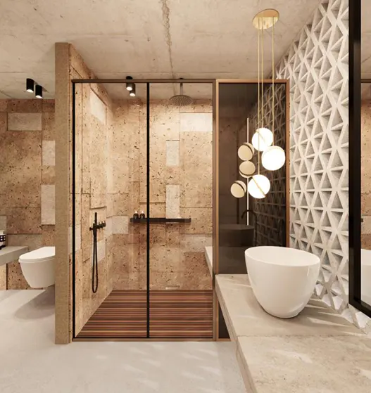Modern bathroom with stone walls, a glass-enclosed shower with wood floor, white vessel sink, and hanging globe lights.