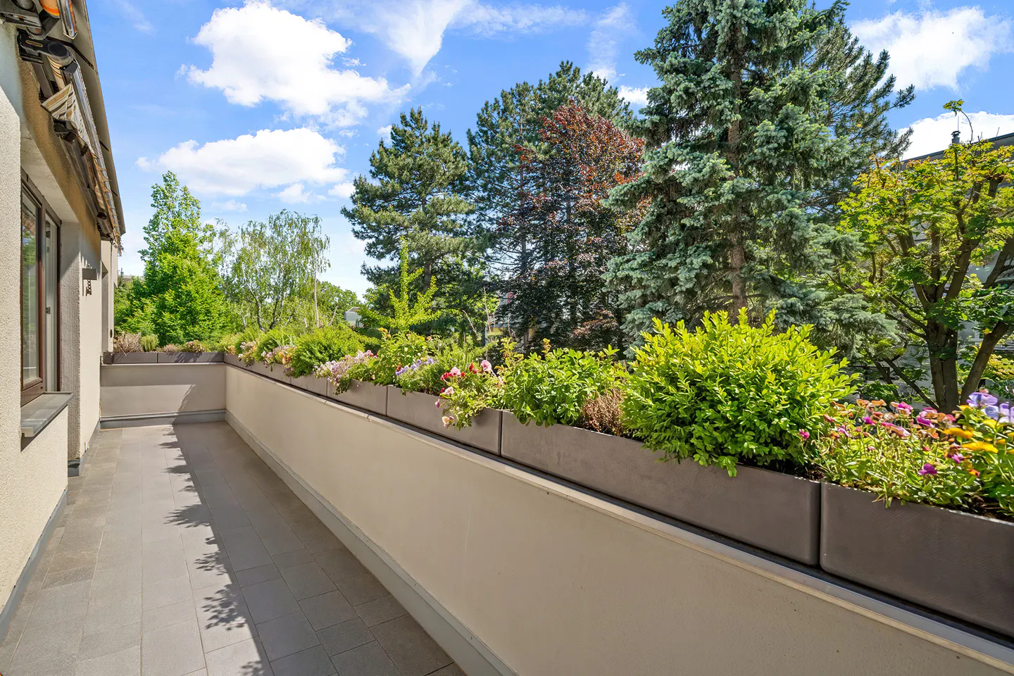 A sunny balcony with grey tiled flooring, featuring long planters filled with lush green shrubs and colorful flowers.