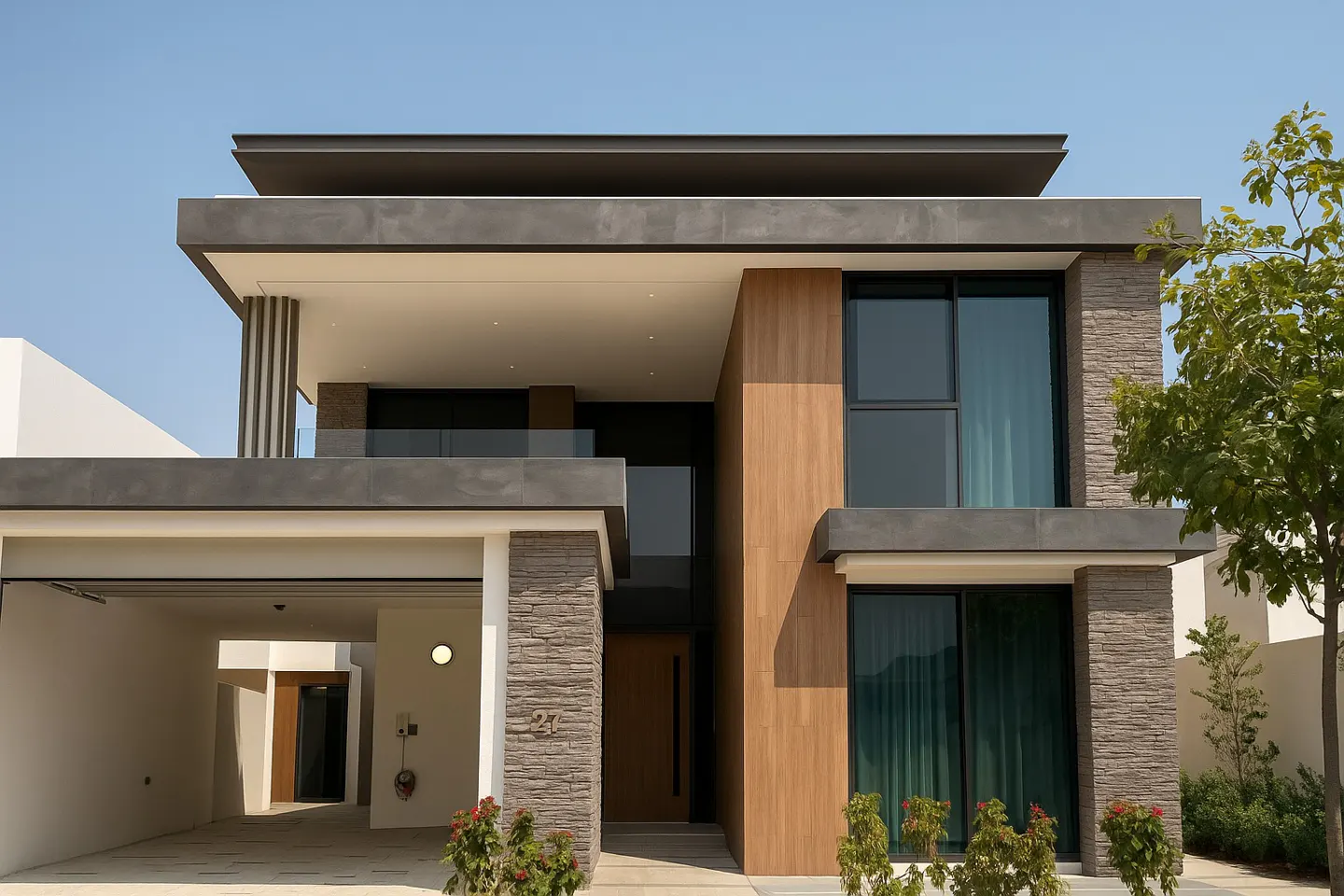 Modern two-story villa with stone accents, wood paneling, a carport, and large windows under a clear blue sky.