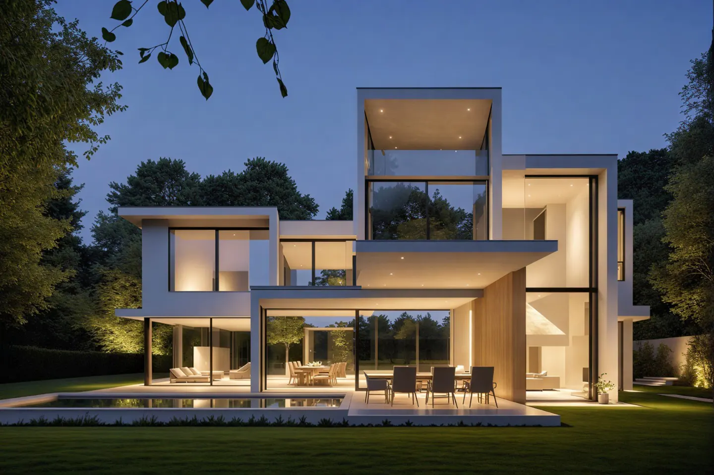 Modern white house with large windows, outdoor dining, and pool at dusk. Trees surround the property.