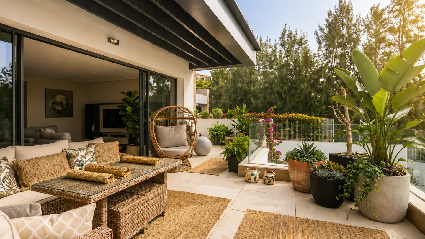 Outdoor patio with wicker furniture, glass table, and egg chair. Potted plants line the edge, with trees in the background. Sliding glass doors lead inside.
