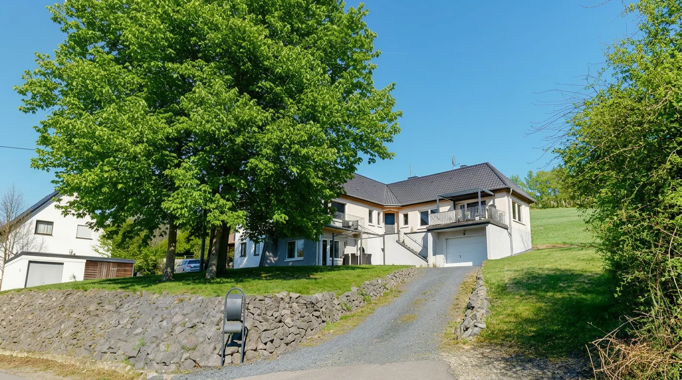 A two-story house with a gray roof and white walls, a large green tree in front, and a gravel driveway.