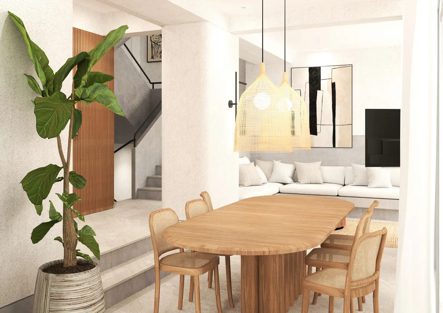 A bright, modern dining room with a wooden table and chairs, rattan pendant lights, and a large potted plant. Stairs lead to another room with a white sofa.
