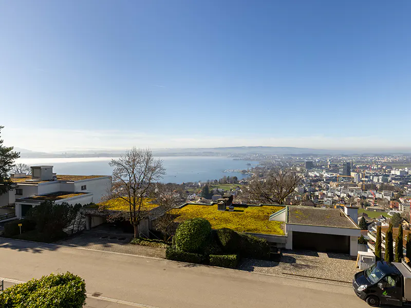 Scenic view of modern homes with green roofs overlooking a city and lake under a clear blue sky.