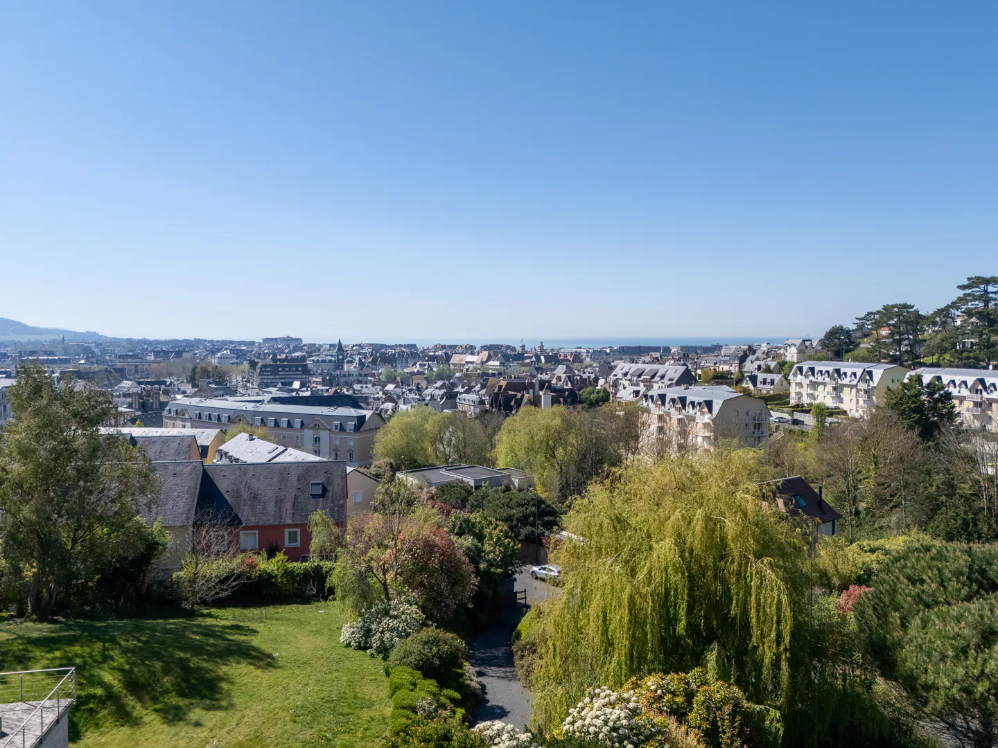 Cityscape view with buildings, trees, and blue sky. Distant ocean horizon visible. Lush greenery in foreground.