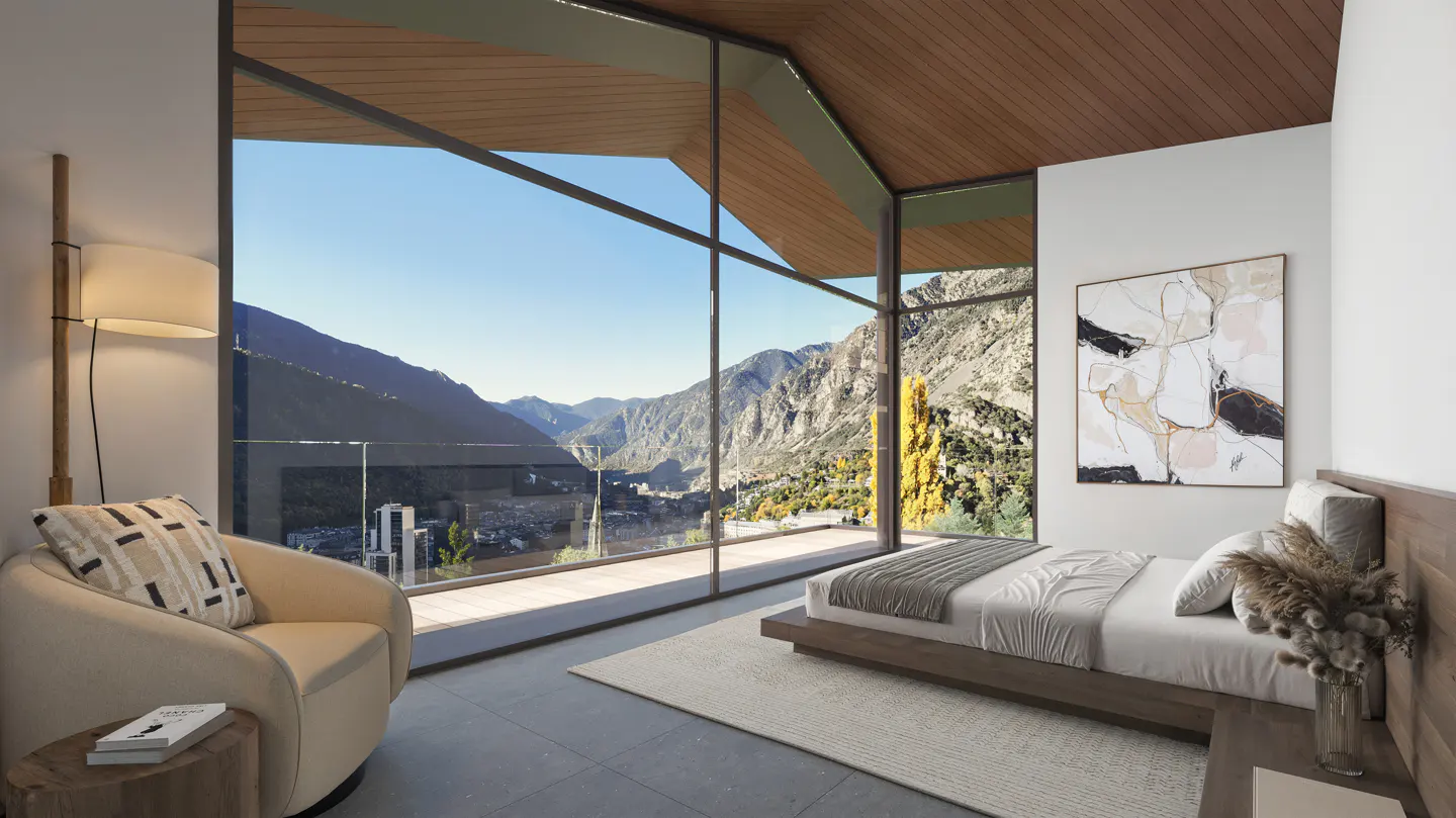 Bedroom with a large window view of mountains, a chair, a bed, and modern art.