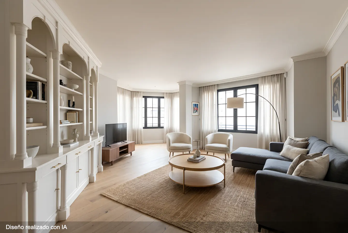 Bright living room with a gray sectional sofa, two white armchairs, and a round coffee table on a jute rug. A white bookcase and a TV stand are also visible.