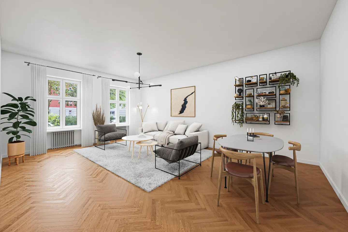 Bright living room with herringbone wood floors, white walls, and a white sofa. A dining table and chairs are on the right. Shelves with plants are on the wall.