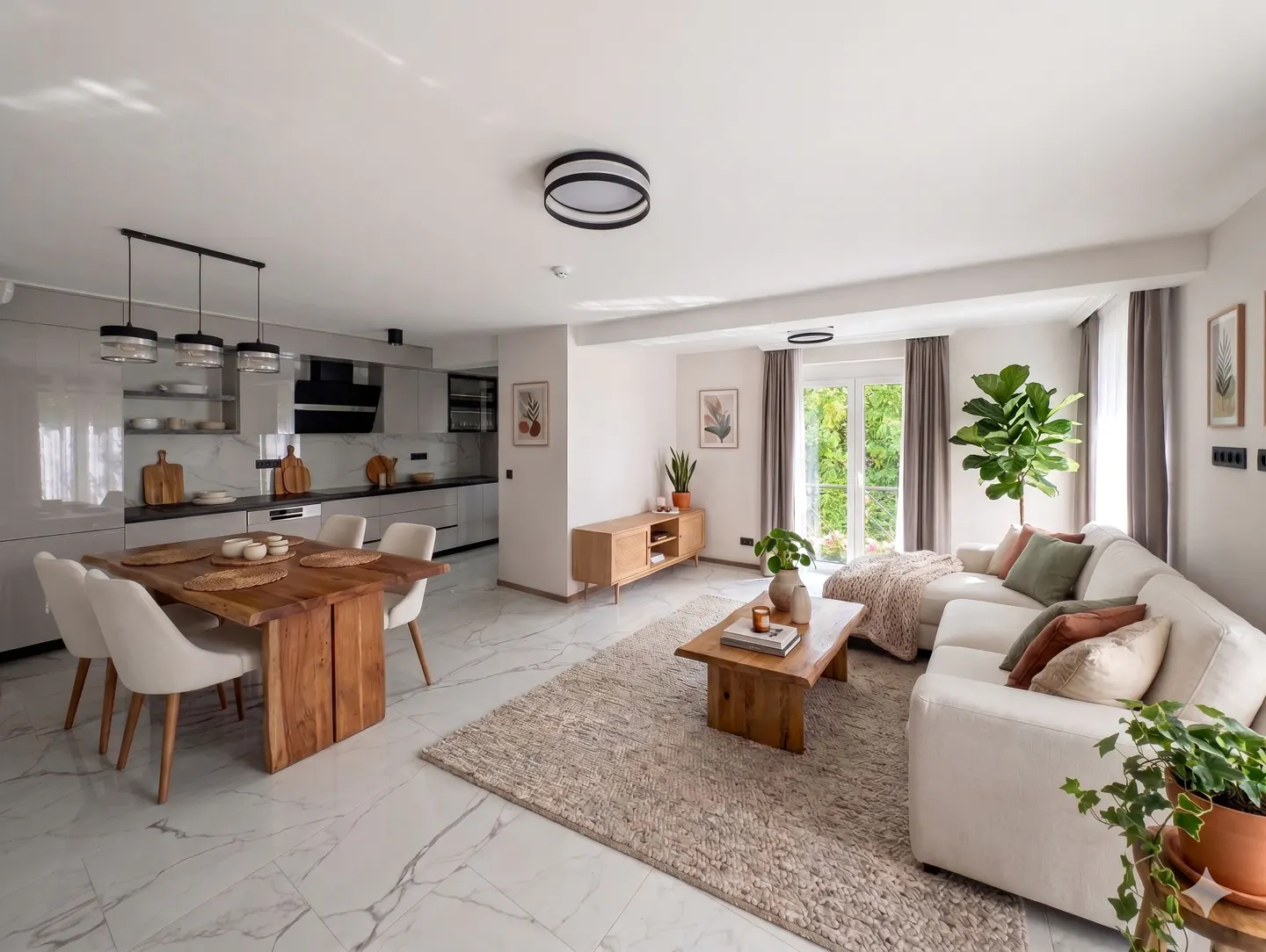 Open-concept living space with a kitchen, dining area, and living room. White marble floors, wood furniture, and neutral tones create a modern, airy feel.