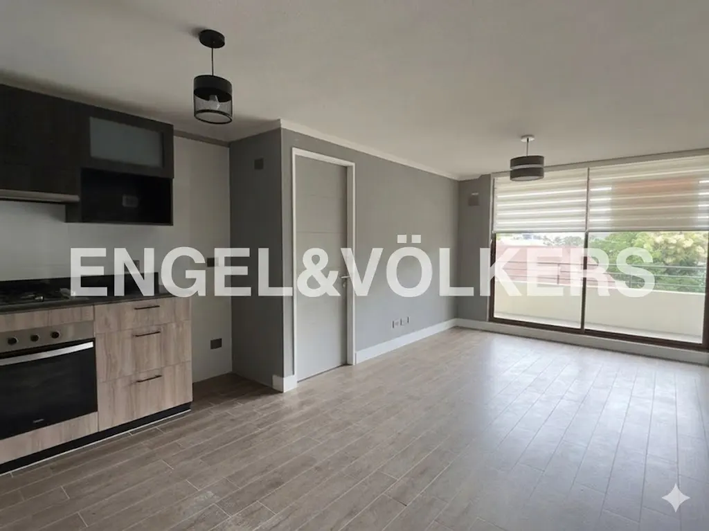Modern kitchen with light wood cabinets, dark upper cupboards, and gray walls, opening to a bright living area with balcony.
