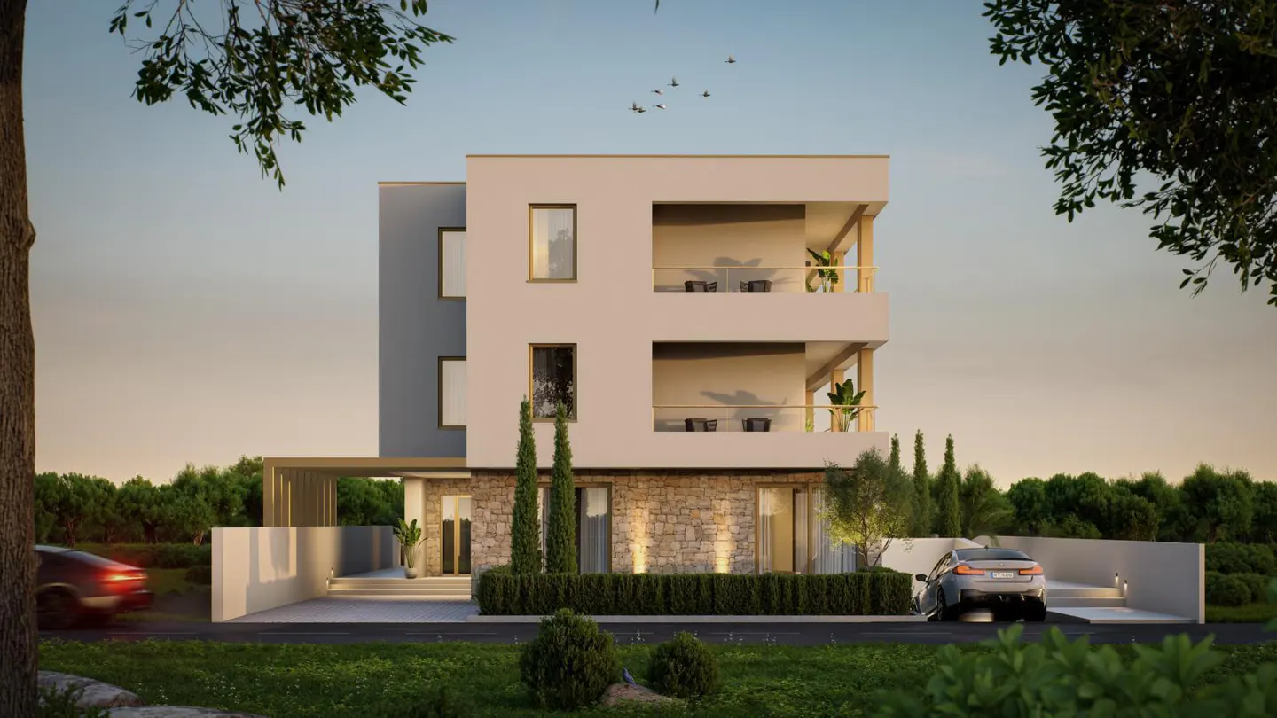 Visualisation of a residential building: north view with access to underground car park