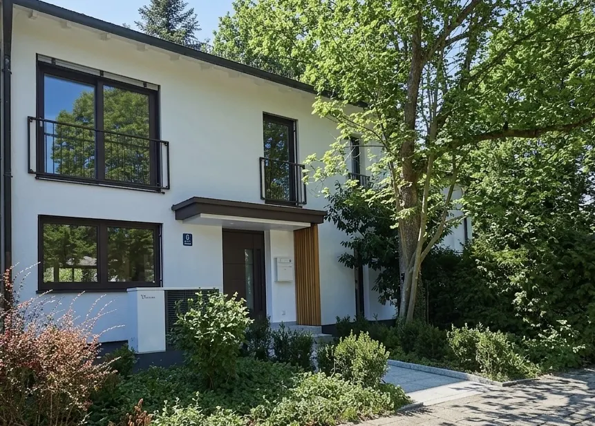 Two-story white house with dark trim, windows, and a small balcony. Green trees surround the house.