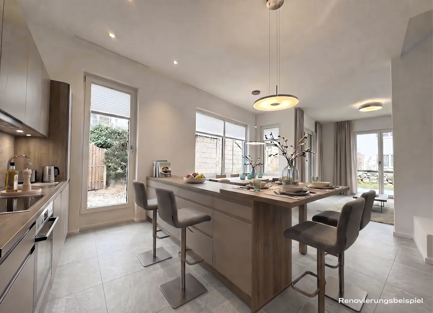 Bright, modern kitchen with a large island, bar stools, and pendant lighting. Windows offer views of greenery. Neutral color palette.