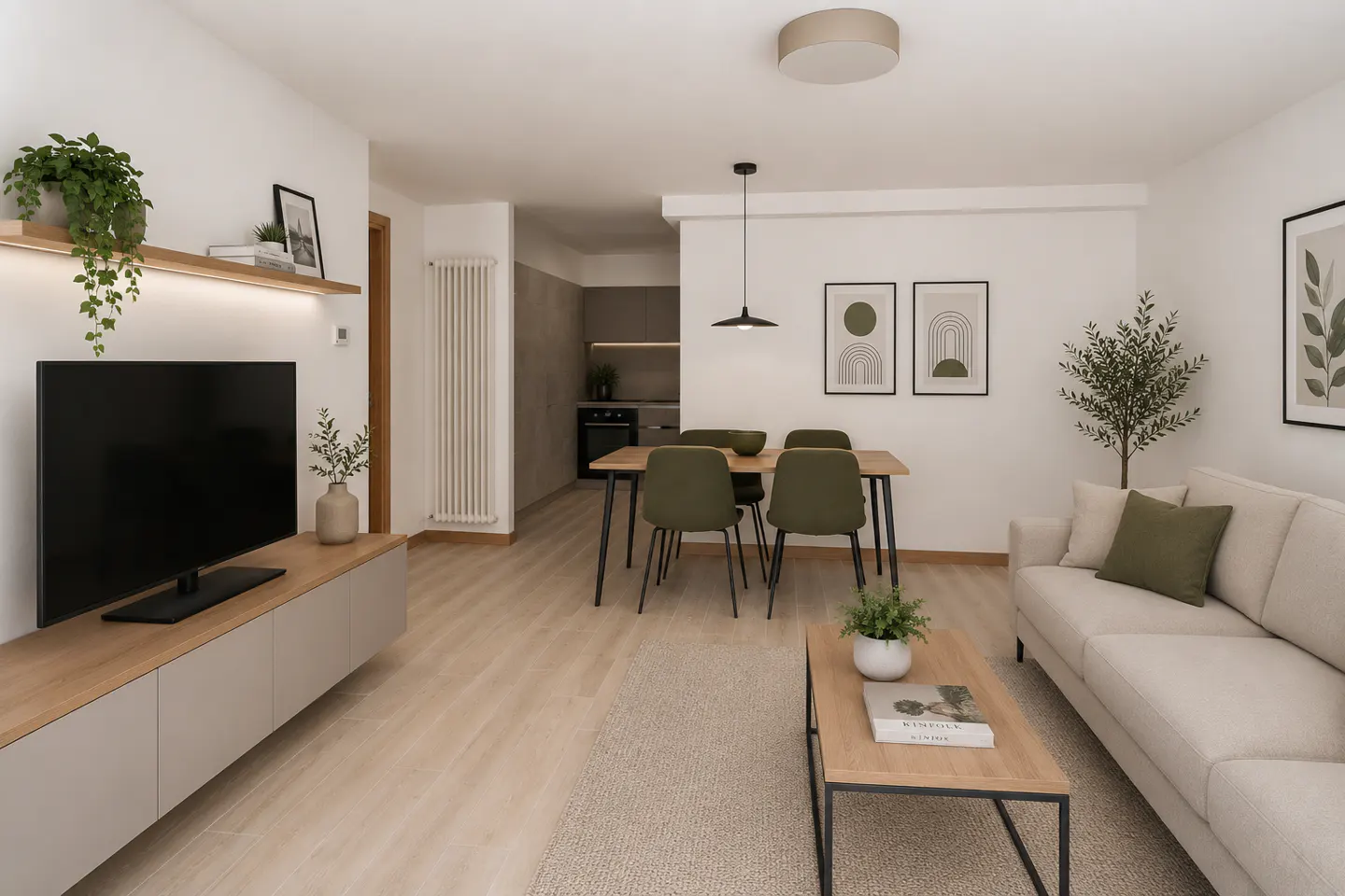 A bright, modern living room with a TV, dining table with green chairs, and a beige sofa. Plants add a touch of nature.