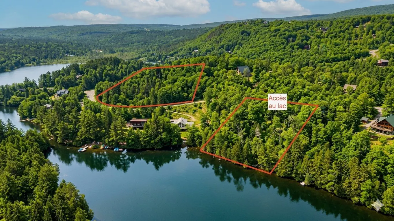 Aerial view of two wooded lots outlined in red, near a lake and houses. One lot has lake access.