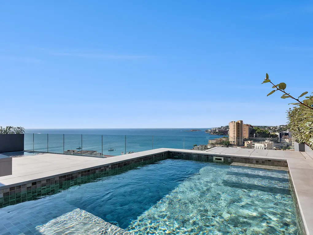 Rooftop pool with clear blue water, overlooking the ocean and city skyline under a clear blue sky.