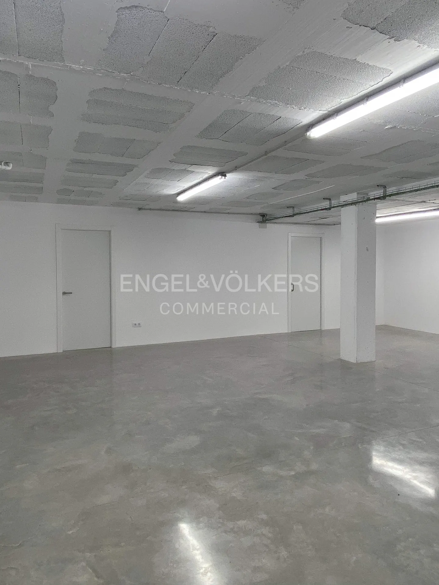 Empty, minimalist commercial space with white walls, polished concrete floors, and bright overhead fluorescent lighting.