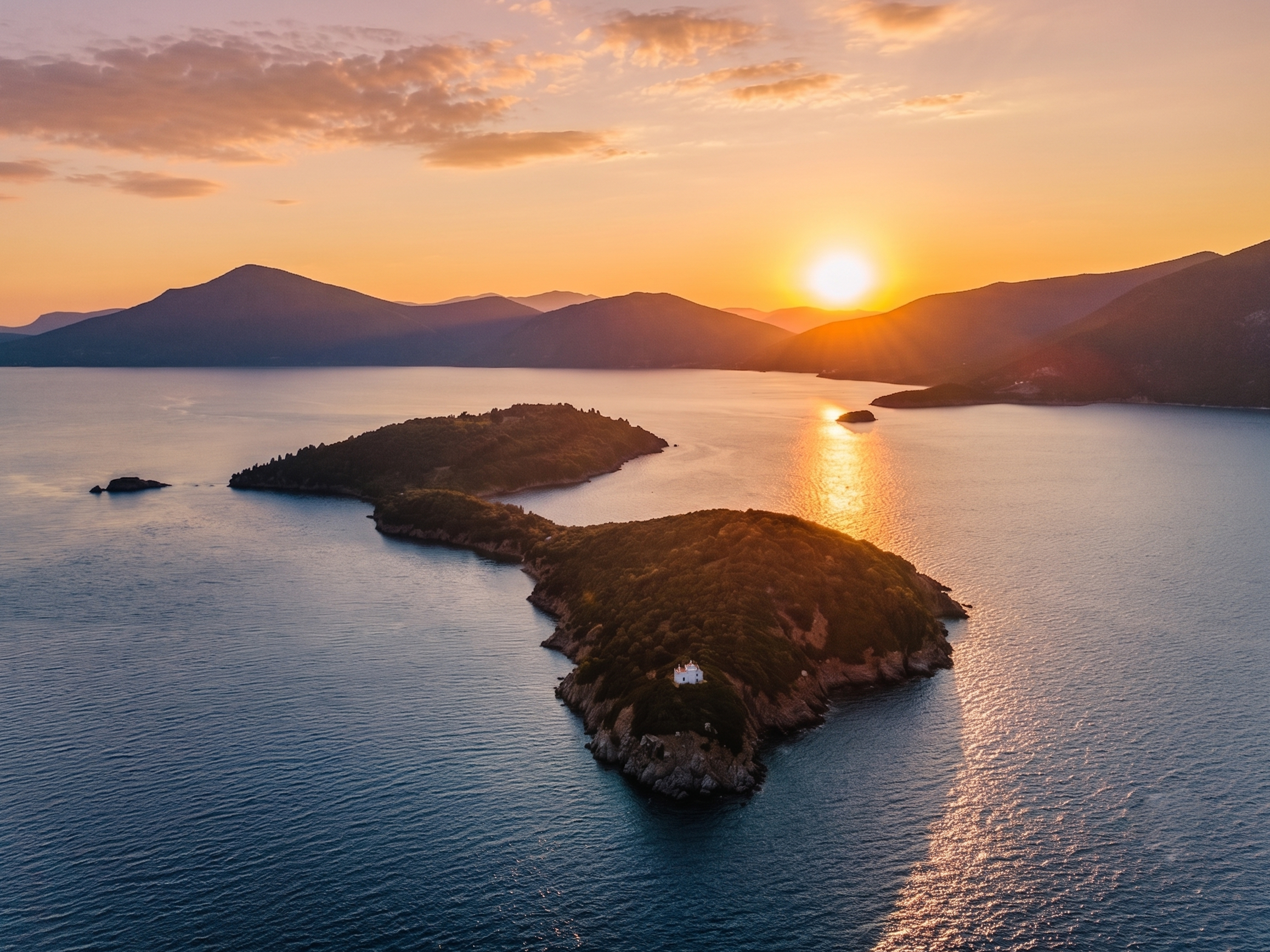 Aerial view of a small, lush island with a white building at sunset, surrounded by calm water and distant mountains. [AI-generated text]