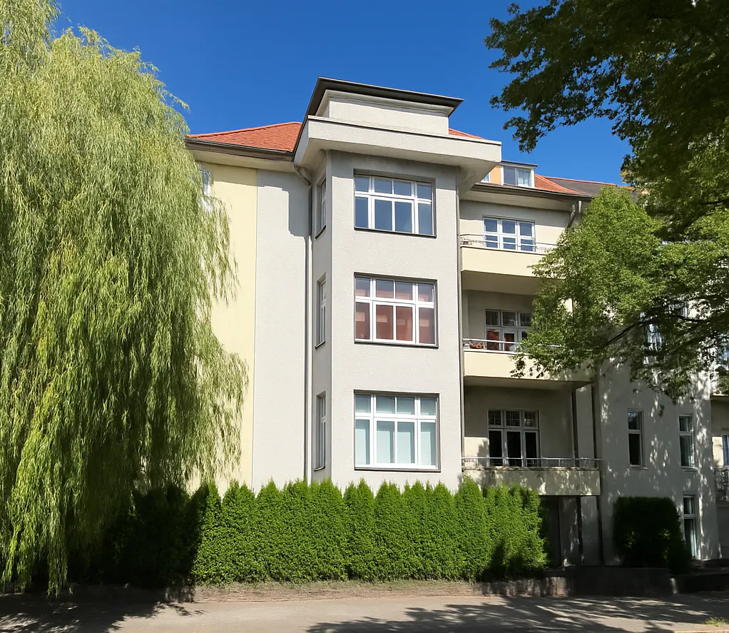 Exterior view of a three-story apartment building with balconies, a red tile roof, and green trees.